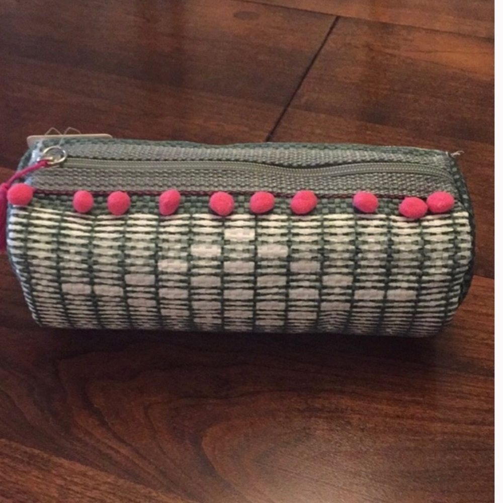 Green Aztec texture Cosmetic Bag w/Pom Pom